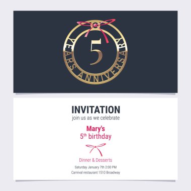 Kutlama olayı temsili için 5. yıl dönümü davetiyesi. 5. yaş günü kartı için sayı ve metin içeren tasarım ögesi, parti daveti