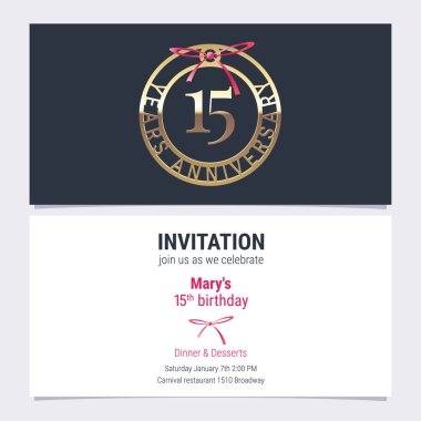 Kutlama etkinliği illüstrasyonunun 15. yıldönümü davetiyesi. 15. yaş günü kartı için sayı ve metin içeren tasarım ögesi, parti daveti