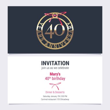Kutlama etkinliği illüstrasyonunun 40. yıldönümü davetiyesi. 40. yaş günü kartı için sayı ve metin içeren tasarım ögesi, parti daveti