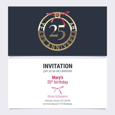 Kutlama etkinliği illüstrasyonuna 25. yıldönümü davetiyesi. 25. yaş günü kartı için sayı ve metin içeren tasarım ögesi, parti daveti