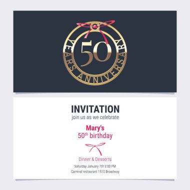 Kutlama etkinliği illüstrasyonu için 50. yıldönümü davetiyesi. 50. yaş günü kartı için sayı ve metin içeren tasarım ögesi, parti daveti