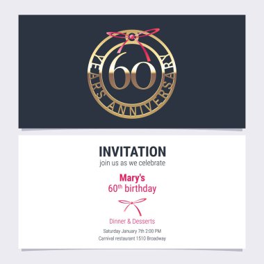 Kutlama etkinliği illüstrasyonuna altmış yıllık davet. 60. yaş günü kartı için sayı ve metin içeren tasarım ögesi, parti daveti