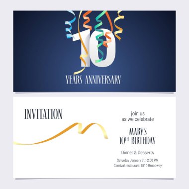 Olay vektör illüstrasyonunu kutlamak için 10. yıldönümü davetiyesi. 10. yaş günü kartı için sayı ve metin içeren şablon ögesi tasarla, parti daveti
