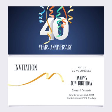 Etkinlik vektör illüstrasyonunu kutlamak için 40. yıldönümü davetiyesi. 40. yaş günü kartı için sayı ve metin içeren şablon ögesi tasarla, parti daveti