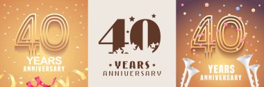 40 yıllık vektör ikonu seti, sembol. 40. yıldönümü için altın arkaplanlı grafiksel tasarım ögesi