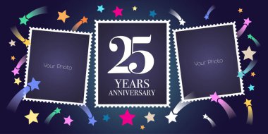 25 yıllık vektör amblemi, logo. Şablon tasarımı, 25. yıldönümü için fotoğraf çerçevesi kolajlı tebrik kartı.