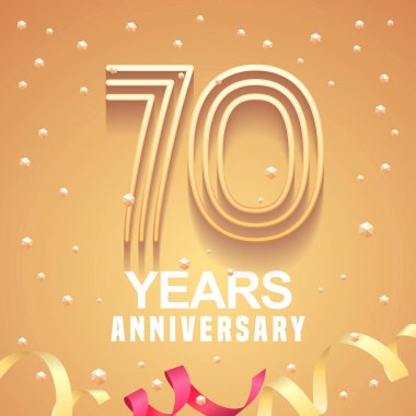 70 yıllık vektör ikonu, sembol. 70. yıldönümü için kornalara ve şenlikli arka plana sahip grafiksel tasarım ögesi