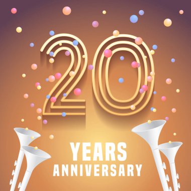 20. yıl dönümü vektör simgesi, logo. 20. yıl dönümü için altın rakamlara ve şenlikli arka plana sahip grafik tasarım ögesi