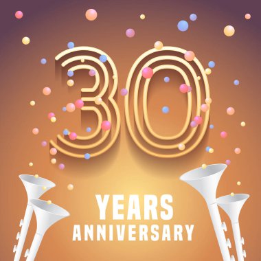 30. yıl dönümü vektör simgesi, logo. 30. yıldönümü için altın rakamlara ve şenlikli arka plana sahip grafiksel tasarım ögesi