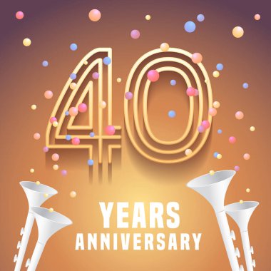 40. yıl dönümü vektör simgesi, logo. 40. yıldönümü için altın rakamlara ve şenlikli arka plana sahip grafiksel tasarım ögesi