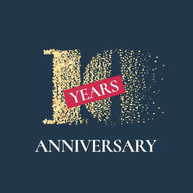 10. yıl dönümü vektör simgesi, logo. 10. yıldönümü kartı için altın simli grafiksel tasarım ögesi