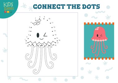 Çocukların oyun temsili çizimlerini birleştir. Anaokulu çocukları nokta nokta şirin denizanası karakteriyle aktivite çiziyorlar.