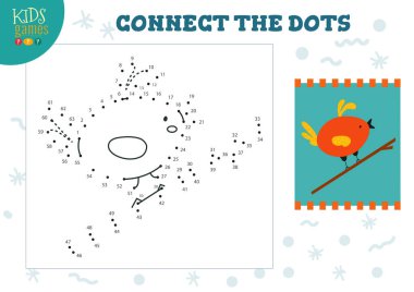 Çocukların oyun temsili çizimlerini birleştir. Anaokulu çocukları küçük şirin kuş karakterine nokta koymak için etkinlik çiziyorlar.