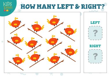 Şube çocuklarında kaç tane sol ve sağ çizgi film kuşu oyun vektör illüstrasyonunu sayıyor. Sayma nesneleri olan anaokulu çocukları için geliştirme etkinliği