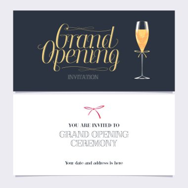 Büyük açılış afişi, illüstrasyon, bir bardak şampanyalı davetiye. Yeni mağaza açılış töreni için şablon davet tasarımı