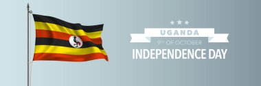 Uganda 'nın bağımsızlık günü tebrik kartı, afiş vektör illüstrasyonu. Bayrak direğinde bayrak sallayan Ugandalı ulusal bayram 9 Ekim tasarım unsuru