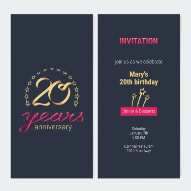 20. yıl dönümü davetiyesi kutlama vektörü illüstrasyonu için. Yirminci yaş günü kartı için zarif arkaplanı olan grafik tasarım ögesi, parti daveti