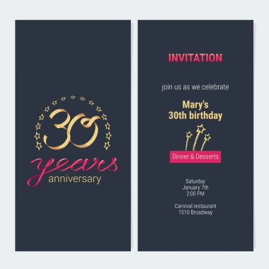 Kutlama vektörü illüstrasyonuna 30 yıllık davetiye. 30. yaş günü kartı için zarif arkaplanı olan grafik tasarım ögesi, parti daveti