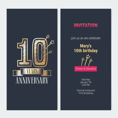 10. yıl dönümü kutlaması için vektör illüstrasyonuna davet. 10. yaş günü kartı için altının ve vücut kopyasıyla tasarım, parti daveti