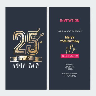 Kutlama etkinliği illüstrasyonuna 25. yıldönümü davetiyesi. 25. yaş günü kartı için altın numaralı ve vücutlu tasarım, parti daveti