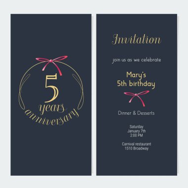5. yıl dönümü davetiye vektör illüstrasyonu. 5. yıl dönümü partisi ya da akşam yemeği daveti için altın parçalı grafik tasarım şablonu