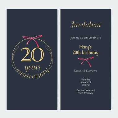 20. yıl dönümü davetiyesi vektör illüstrasyonu. 20. yıl dönümü partisi veya akşam yemeği daveti için altın parçalı grafiksel tasarım şablonu