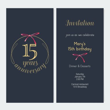 15. yıl dönümü davetiyesi vektör illüstrasyonu. 15. yıldönümü partisi ya da akşam yemeği daveti için altın parçalı grafik tasarım şablonu