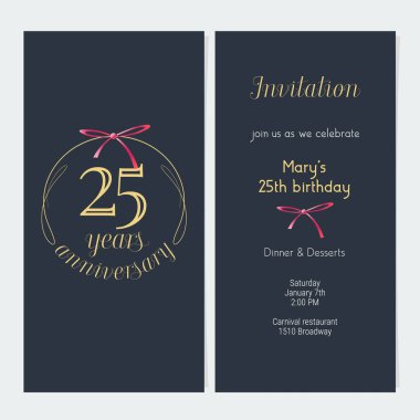25. yıl dönümü davetiye vektör illüstrasyonu. 25. yıl dönümü partisi ya da akşam yemeği daveti için altın parçalı grafik tasarım şablonu