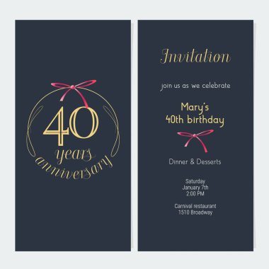 40. yıl dönümü davetiye vektör illüstrasyonu. 40. yıldönümü partisi ya da akşam yemeği daveti için altın rakamlı grafiksel tasarım şablonu