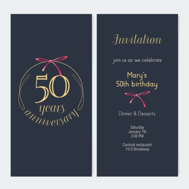 50. yıl dönümü davetiyesi vektör illüstrasyonu. 50. yıl dönümü partisi ya da akşam yemeği daveti için altın rakamlı grafik tasarım şablonu