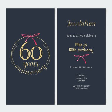 60. yıl dönümü davetiyesi vektör illüstrasyonu. 60. yıl dönümü partisi ya da akşam yemeği daveti için altın parçalı grafik tasarım şablonu