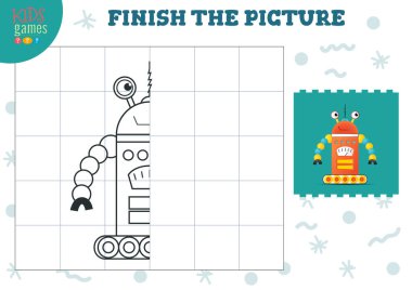 Resim vektör illüstrasyonunu kopyala. Anaokulu ve okul çocukları için tam boyama oyunu. Çizim ve eğitim aktiviteleri için sevimli komik robot.