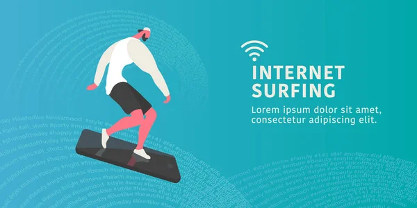 Joven Hombre Moderno Teléfono Móvil Como Una Tabla Surf Mientras — Archivo Imágenes Vectoriales