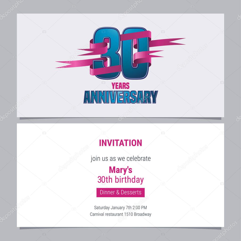 30 years anniversary invitation to celebration vector illustration. Design element with text for 30th birthday card, party invite