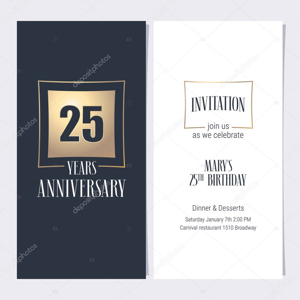 25 years anniversary invitation vector illustration. Graphic design template with golden element for 25th anniversary party or dinner invite