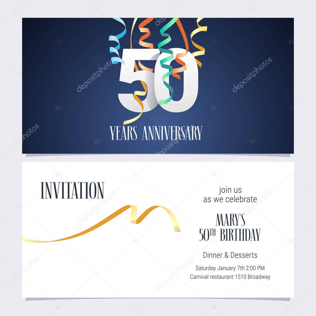 50 years anniversary invitation to celebrate the event vector illustration. Design template element with number and text for 50th birthday card, party invite