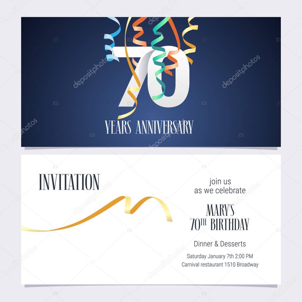 70 years anniversary invitation to celebrate the event vector illustration. Design template element with number and text for 70th birthday card, party invite
