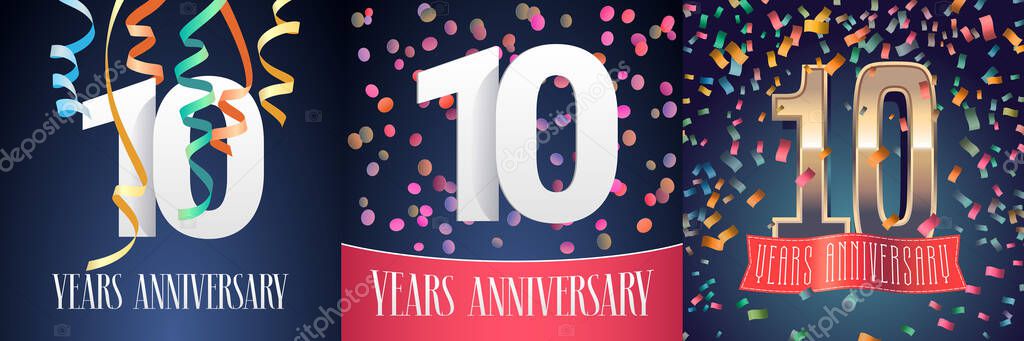 10 years anniversary celebration set of vector icons, logo. Template design element with festive background and number for 10th anniversary card