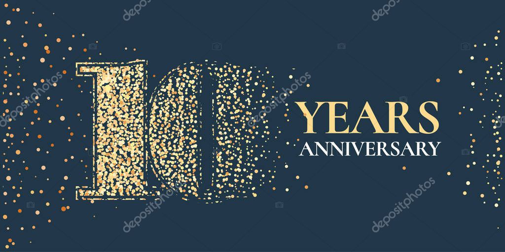 10 years anniversary celebration vector icon, logo. Template horizontal design element with golden glitter stamp for 10th anniversary greeting card