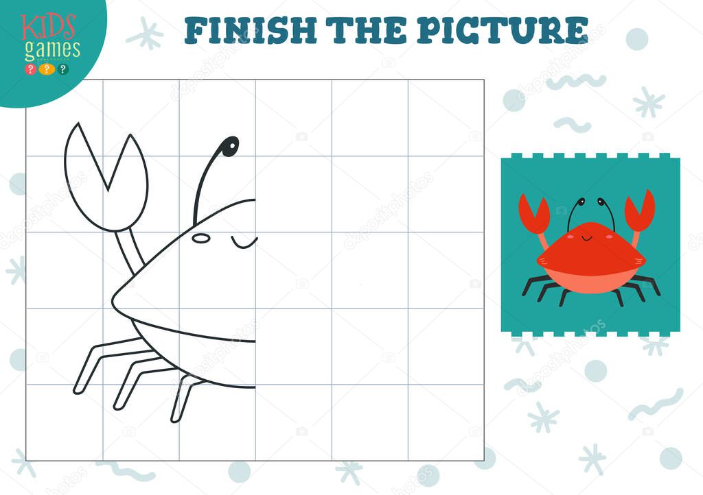 Copy picture vector illustration. Complete and coloring game for preschool and school kids. Cute crab outline for drawing and education activity