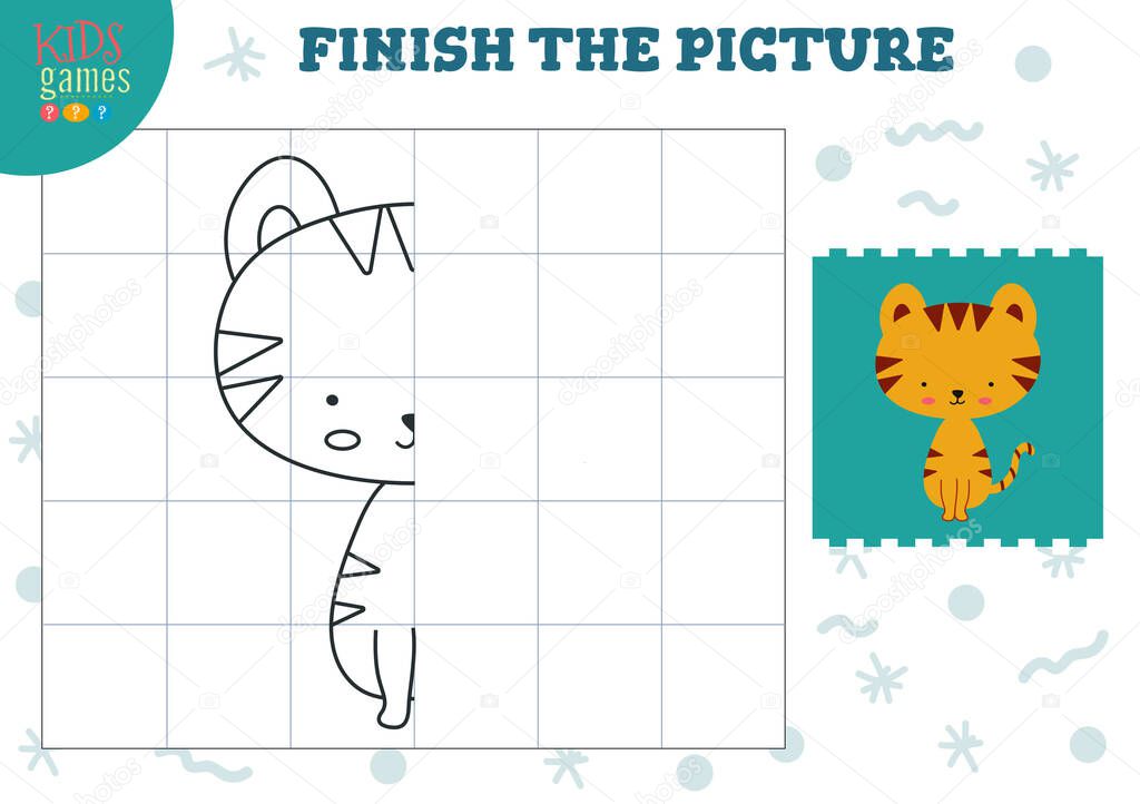Copy picture vector illustration. Complete and coloring game for preschool and school kids. Cute little tiger outline for drawing and education activity