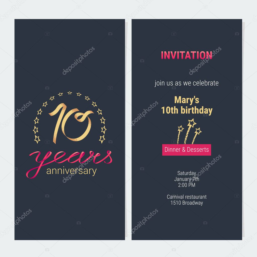 10 years anniversary invitation to celebration vector illustration. Graphic design element with elegant background for 10th birthday card, party invite