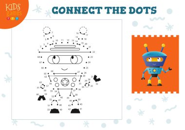 Nokta nokta çocuklar oyun vektör illüstrasyonu. Anaokulu çocukları çizgi film için noktaları birleştirerek etkinlik çiziyorlar. Sevimli insansı robot.