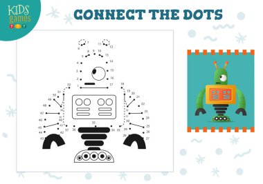 Çocukların oyun temsili çizimlerini birleştir. Anaokulu çocuk eğitim aktivitesi nokta nokta ve renklendirme klasik robot karakterine katılıyor