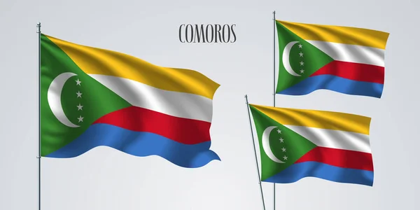 Κομόρες Κυματίζει Σημαία Σύνολο Διανυσματική Απεικόνιση Λευκά Κόκκινα Πράσινα Χρώματα — Διανυσματικό Αρχείο