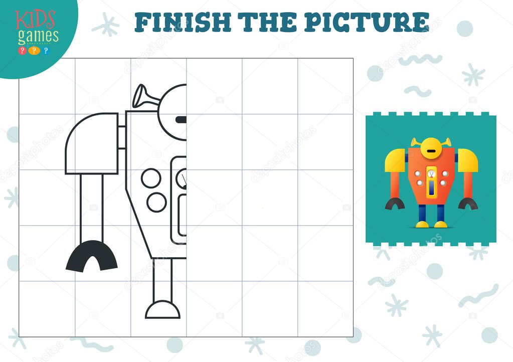 Copy and complete the picture vector blank game, illustration. Preschool kids activity or exercise for learning and education with cartoon vintage robot