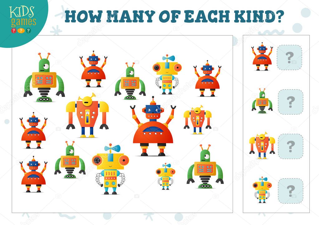 How many of each kind cartoon robot kids counting game vector illustration. Educational activity for preschool children with counting objects