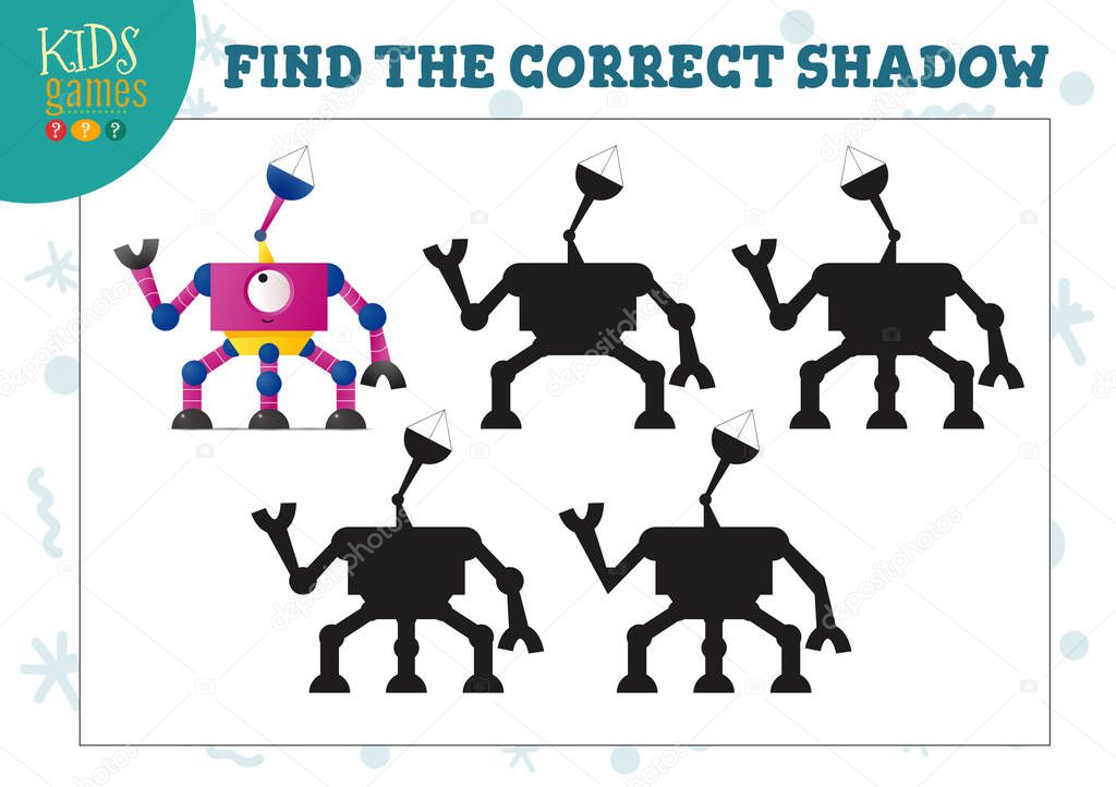Find the correct shadow for cute cartoon humanoid robot educational preschool kids mini game. Vector illustration with 4 silhouettes for shadow matching puzzle
