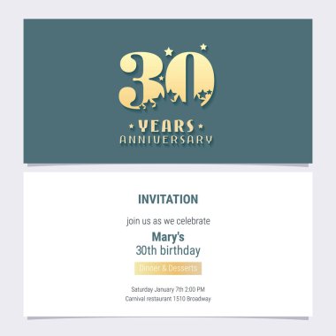 30. yıl dönümü davetiye vektör illüstrasyonu. 30. yaş günü kartı için şablon tasarım ögesi, parti daveti