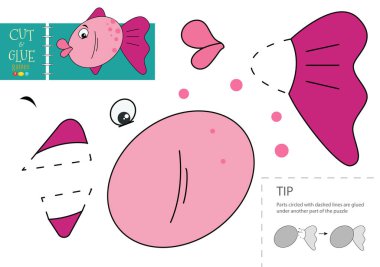 Kağıt oyuncağı illüstrasyonunu kes ve yapıştır. Şirin balık karakteri makasları anaokulu çocukları için maket kesiyor. Basit eğitim aktivitesi